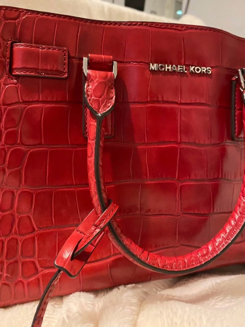 Michael Kors Red Croc-Embossed Satchel with Silver Logo